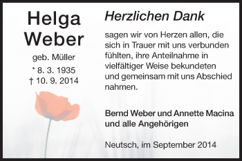 Traueranzeige von Helga Weber von Echo-Zeitungen (Gesamtausgabe)