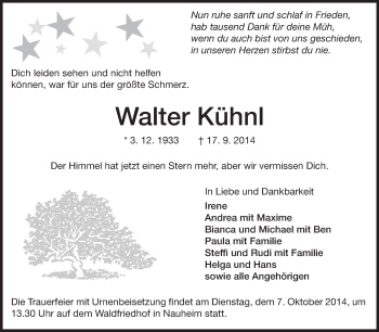 Traueranzeige von Walter Kühnl von Rüsselsheimer Echo, Groß-Gerauer-Echo, Ried Echo