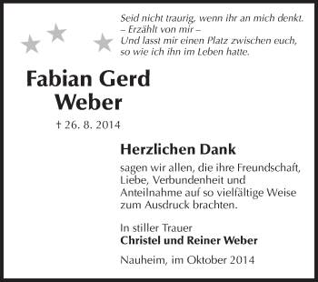 Traueranzeige von Fabian Gerd Weber von Rüsselsheimer Echo, Groß-Gerauer-Echo, Ried Echo