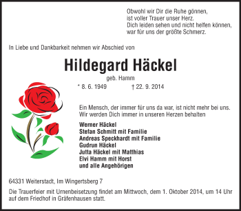 Traueranzeige von Hildegard Häckel von Echo-Zeitungen (Gesamtausgabe)