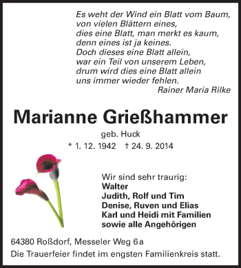 Traueranzeige von Marianne Grießhammer von Echo-Zeitungen (Gesamtausgabe)