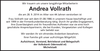 Traueranzeige von Andrea Vollrath von Odenwälder Echo