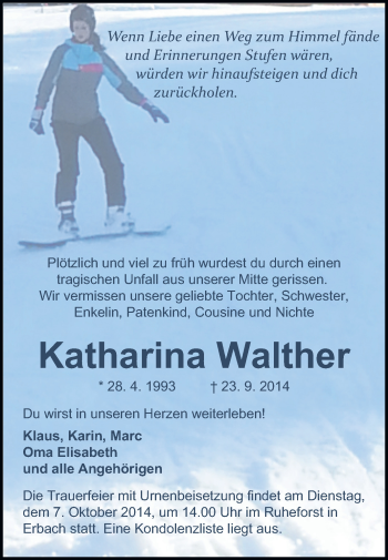Traueranzeige von Katharina Walther von Odenwälder Echo
