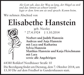 Traueranzeige von Elisabethe Hanstein von Echo-Zeitungen (Gesamtausgabe)