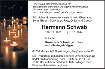 Traueranzeige von Hermann Schwab von Odenwälder Echo