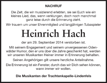 Traueranzeige von Heinrich Hach von Echo-Zeitungen (Gesamtausgabe)
