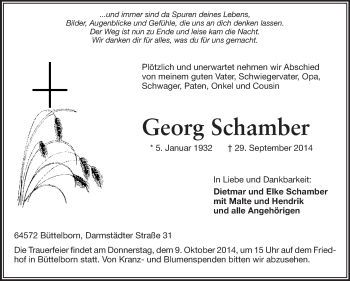 Traueranzeige von Georg Schamber von Rüsselsheimer Echo, Groß-Gerauer-Echo, Ried Echo