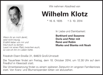 Traueranzeige von Wilhelm Klotz von Echo-Zeitungen (Gesamtausgabe)