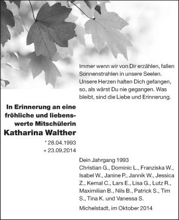 Traueranzeige von Katharina Walther von Odenwälder Echo
