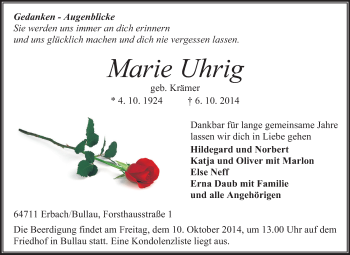 Traueranzeige von Marie Uhrig von Odenwälder Echo
