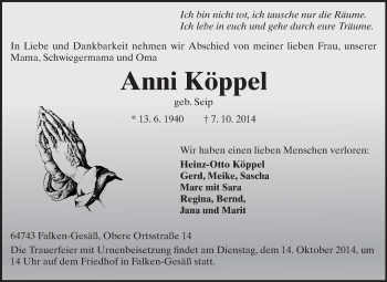 Traueranzeige von Anni Köppel von Odenwälder Echo