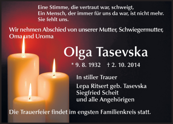 Traueranzeige von Olga Tasevska von Echo-Zeitungen (Gesamtausgabe)