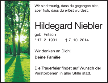 Traueranzeige von Hildegard Niebler von Echo-Zeitungen (Gesamtausgabe)