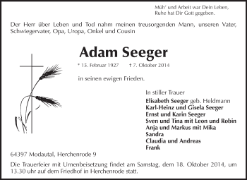 Traueranzeige von Adam Seeger von Echo-Zeitungen (Gesamtausgabe)