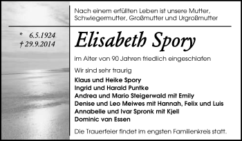 Traueranzeige von Elisabeth Spory von Echo-Zeitungen (Gesamtausgabe)