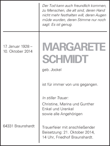 Traueranzeige von Margarete Schmitt von Echo-Zeitungen (Gesamtausgabe)