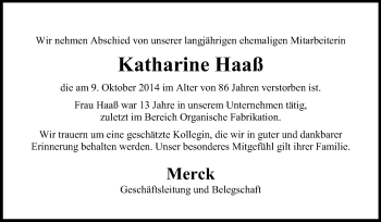 Traueranzeige von Katharine Haaß von Echo-Zeitungen (Gesamtausgabe)