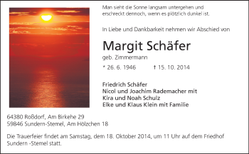 Traueranzeige von Margit Schäfer von Echo-Zeitungen (Gesamtausgabe)