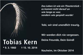 Traueranzeige von Tobias Kern von Rüsselsheimer Echo, Groß-Gerauer-Echo, Ried Echo