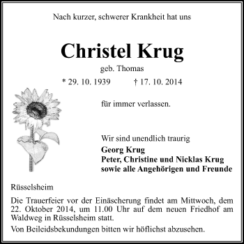 Traueranzeige von Christel Krug von Rüsselsheimer Echo, Groß-Gerauer-Echo, Ried Echo