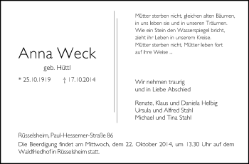 Traueranzeige von Anna Weck von Rüsselsheimer Echo, Groß-Gerauer-Echo, Ried Echo
