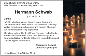 Traueranzeige von Hermann Schwab von Odenwälder Echo