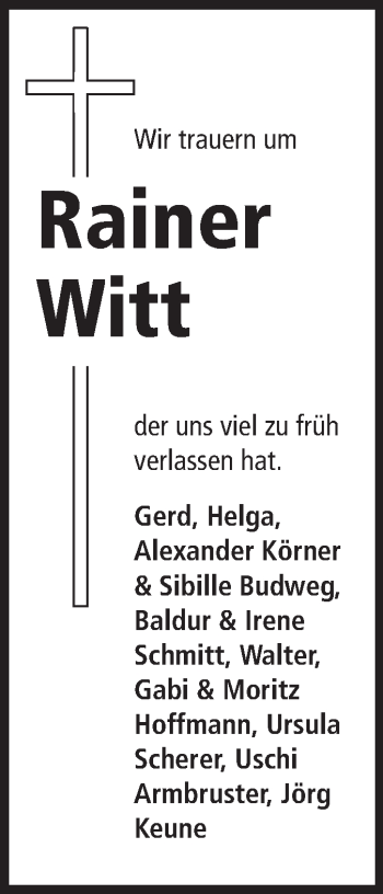Traueranzeige von Rainer Witt von Echo-Zeitungen (Gesamtausgabe)