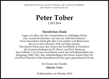 Traueranzeige von Peter Tober von Rüsselsheimer Echo, Groß-Gerauer-Echo, Ried Echo