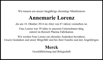 Traueranzeige von Annemarie Lorenz von Echo-Zeitungen (Gesamtausgabe)