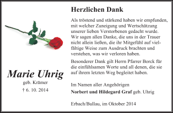 Traueranzeige von Marie Uhrig von Odenwälder Echo