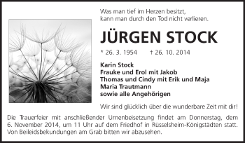 Traueranzeige von Jürgen Stock von Rüsselsheimer Echo, Groß-Gerauer-Echo, Ried Echo