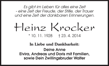 Traueranzeige von Walter Krocker von Echo-Zeitungen (Gesamtausgabe)