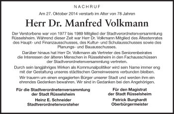 Traueranzeige von Manfred Volkmann von Rüsselsheimer Echo, Groß-Gerauer-Echo, Ried Echo