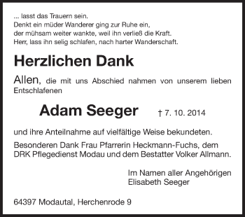 Traueranzeige von Adam Seeger von Echo-Zeitungen (Gesamtausgabe)