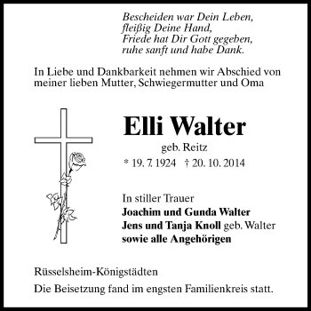 Traueranzeige von Elli Walter von Rüsselsheimer Echo, Groß-Gerauer-Echo, Ried Echo