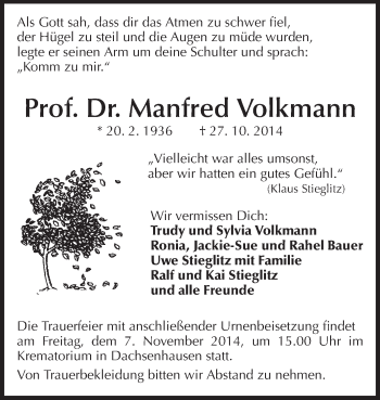 Traueranzeige von Manfred Volkmann von Rüsselsheimer Echo, Groß-Gerauer-Echo, Ried Echo