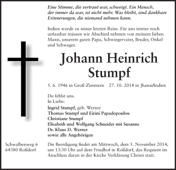 Traueranzeige von Johann Heinrich Stumpf von Echo-Zeitungen (Gesamtausgabe)
