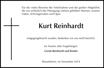 Traueranzeige von Kurt Reinhardt von Rüsselsheimer Echo, Groß-Gerauer-Echo, Ried Echo