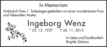 Traueranzeige von Ingeborg Wenz von Echo-Zeitungen (Gesamtausgabe)