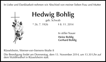 Traueranzeige von Hedwig Bohlig von Rüsselsheimer Echo, Groß-Gerauer-Echo, Ried Echo