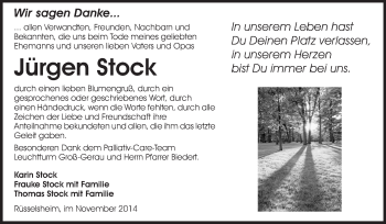 Traueranzeige von Jürgen Stock von Rüsselsheimer Echo, Groß-Gerauer-Echo, Ried Echo