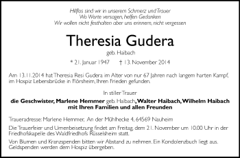 Traueranzeige von Theresia Gudera von Rüsselsheimer Echo, Groß-Gerauer-Echo, Ried Echo