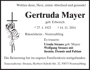 Traueranzeige von Gertruda Mayer von Rüsselsheimer Echo, Groß-Gerauer-Echo, Ried Echo