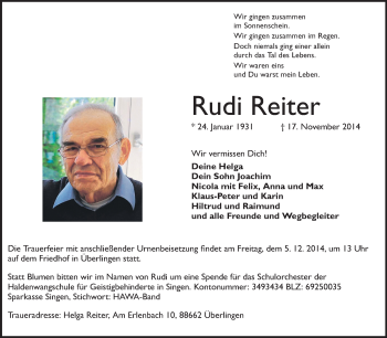 Traueranzeige von Rudi Reiter von Starkenburger Echo