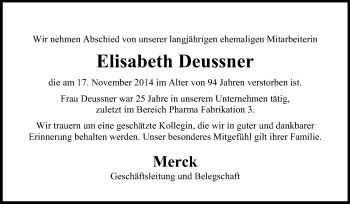 Traueranzeige von Elisabeth Deussner von Echo-Zeitungen (Gesamtausgabe)