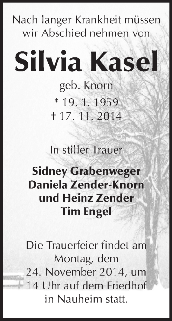 Traueranzeige von Silvia Kasel von Rüsselsheimer Echo, Groß-Gerauer-Echo, Ried Echo