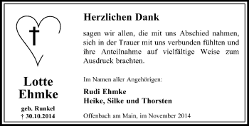 Traueranzeige von Lotte Ehmke von Echo-Zeitungen (Gesamtausgabe)