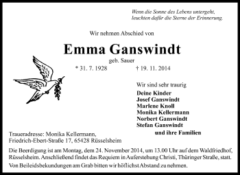 Traueranzeige von Emma Ganswindt von Rüsselsheimer Echo, Groß-Gerauer-Echo, Ried Echo
