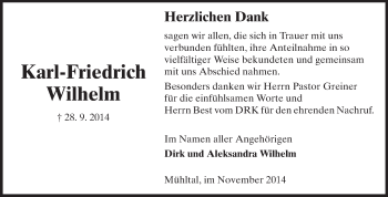 Traueranzeige von Karl-Friedrich Wilhelm von Echo-Zeitungen (Gesamtausgabe)