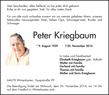 Traueranzeige von Peter Kriegbaum von Odenwälder Echo